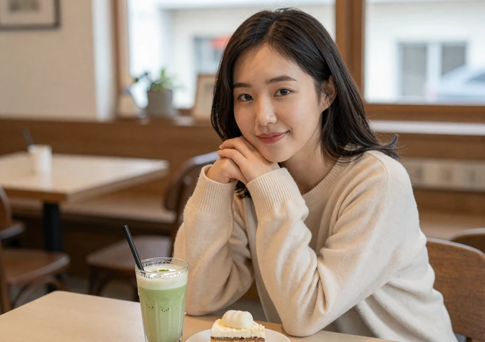 Korean woman enjoying matcha latte and rice cake at a cozy Seoul cafe