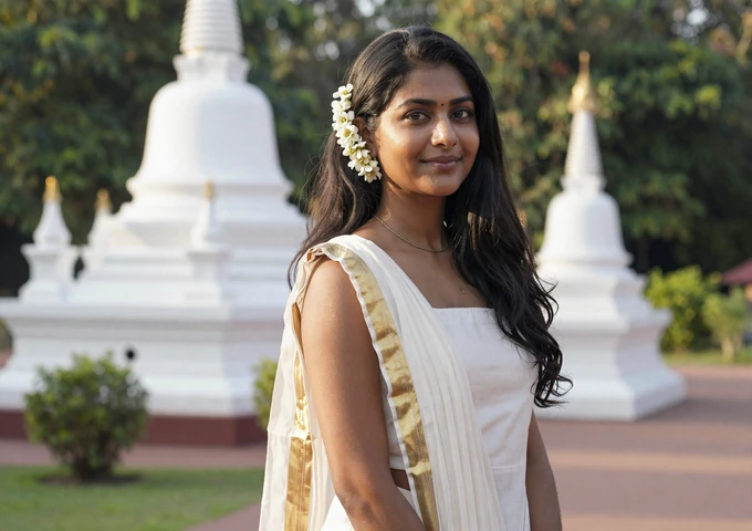Sri Lankan woman in traditional white and gold attire near a Buddhist temple in Kandy