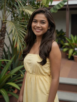 Rhea, 25, Filipina woman from Cebu City smiling in tropical garden