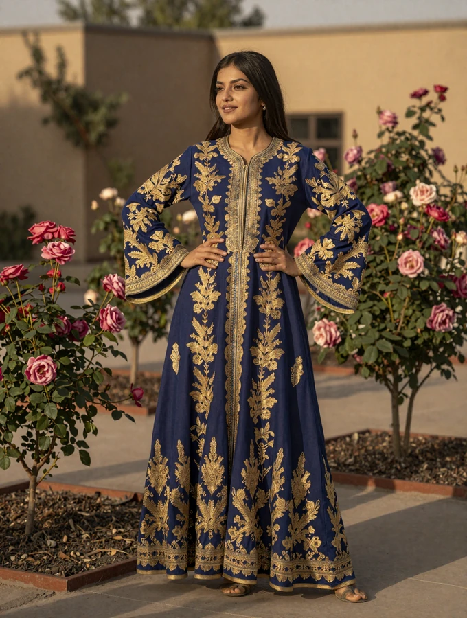 Elegant Afghan woman wearing traditional embroidered dress in a blooming garden with golden light