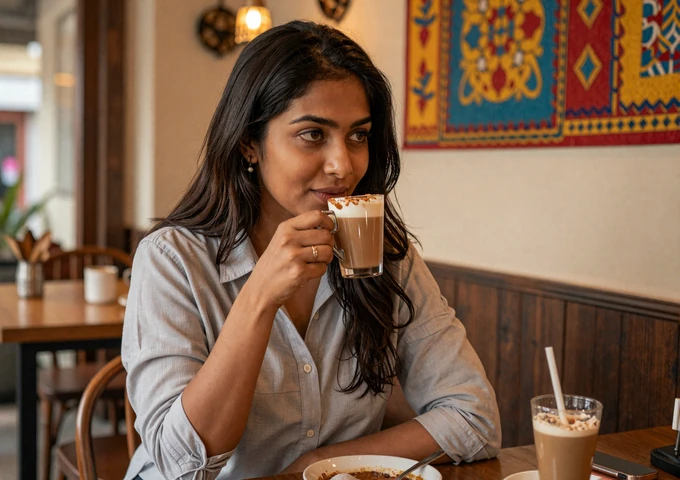 Indian woman enjoying masala chai at a colorful modern cafe in Mumbai