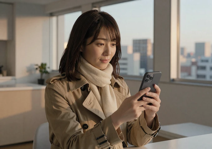 Japanese woman video chatting with her partner from her modern Tokyo apartment