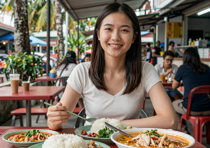 Singaporean woman enjoying chicken rice and laksa at a traditional hawker center in Singapore
