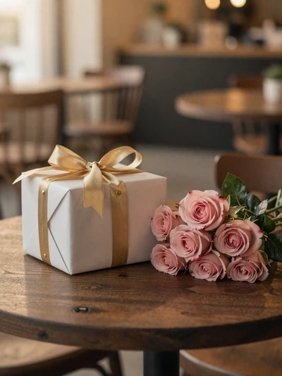 Beautifully wrapped gift box with gold ribbon and pink roses for Asian girlfriend