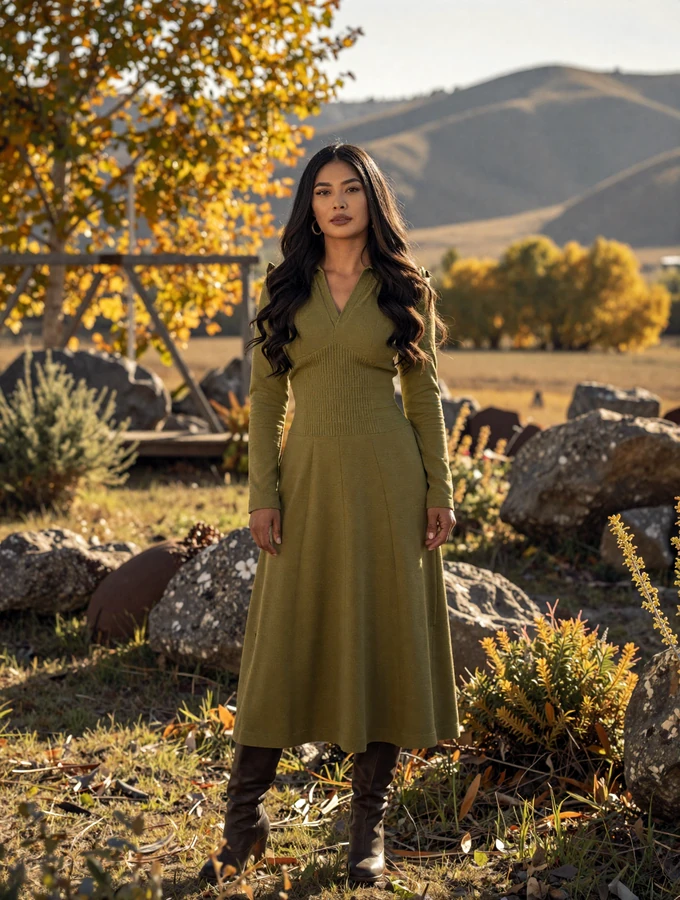 Elegant Mongolian woman in modern dress standing in a sunlit autumn garden with golden foliage and mountain backdrop