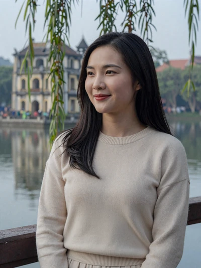 Thao, 28, Vietnamese woman from Hanoi beside Hoan Kiem Lake in morning mist