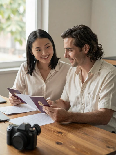 Couple reviewing K-1 visa documents together at home office desk
