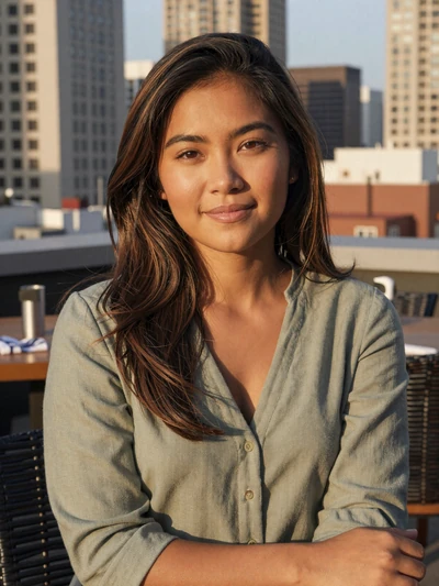 Grace, 28, Filipino woman from Manila at a rooftop restaurant