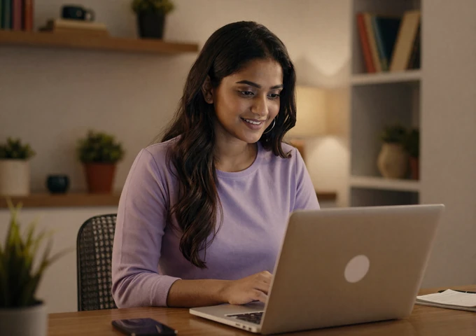Indian woman video chatting with her partner on a laptop in her modern Delhi apartment