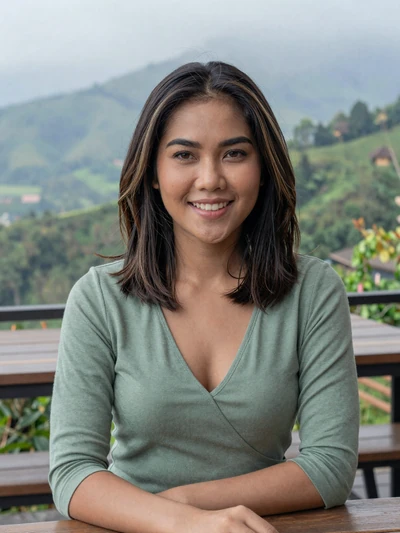 Ploy, 29, Thai woman from Chiang Mai at a mountain-view cafe with green hills
