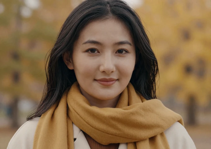 Beautiful Kyrgyz woman with warm smile wearing autumn clothing outdoors with golden foliage