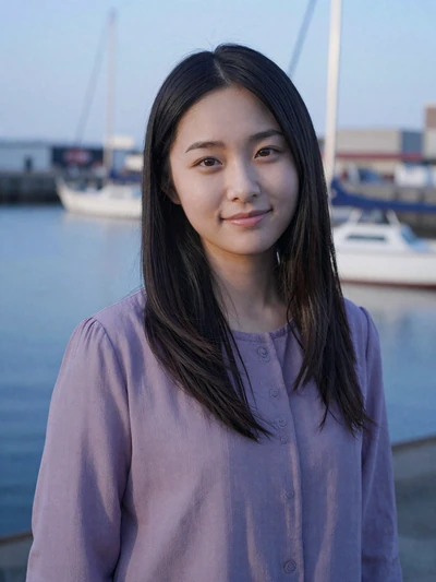 Saki, 26, Japanese woman from Yokohama at a scenic harbor waterfront