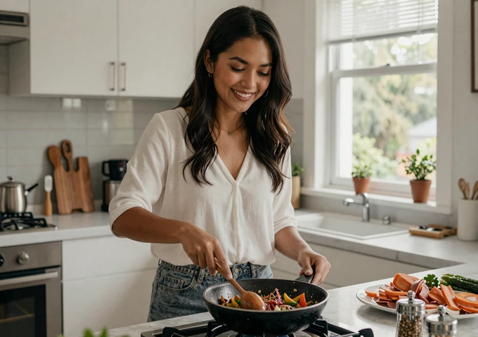 Filipina woman preparing traditional Filipino adobo in a bright modern kitchen