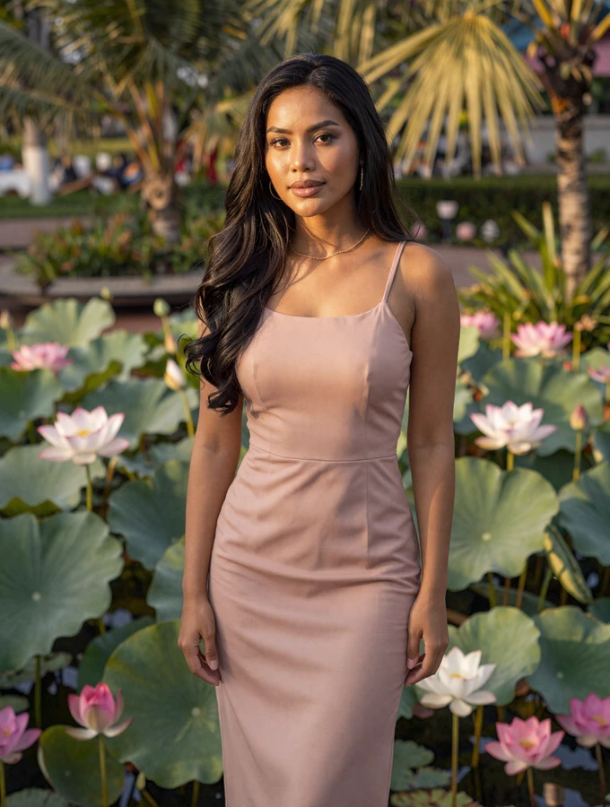 Elegant Cambodian woman in dusty rose dress standing in a tropical garden with lotus flowers
