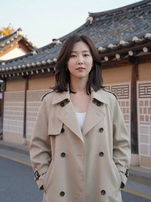 Soo-Jin, 28, Korean woman from Seoul on street with hanok rooftops