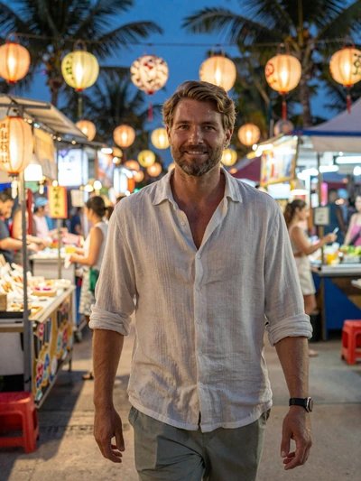 Western man exploring a vibrant Asian night market with glowing lanterns