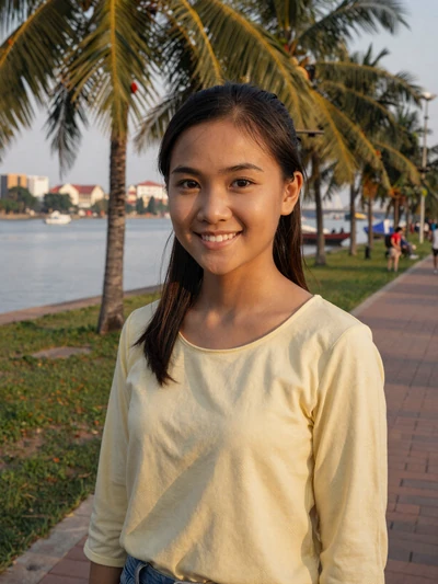 Sokha, 24, Cambodian woman from Phnom Penh smiling near the riverside promenade